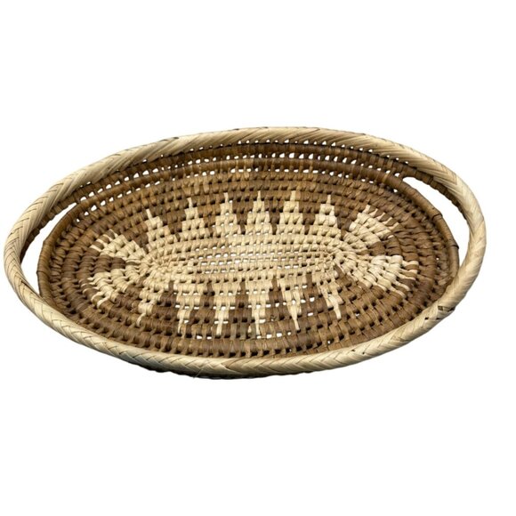 Handwoven Oval Basket Tray With Geometric Pattern handles brown READ - Picture 1 of 6